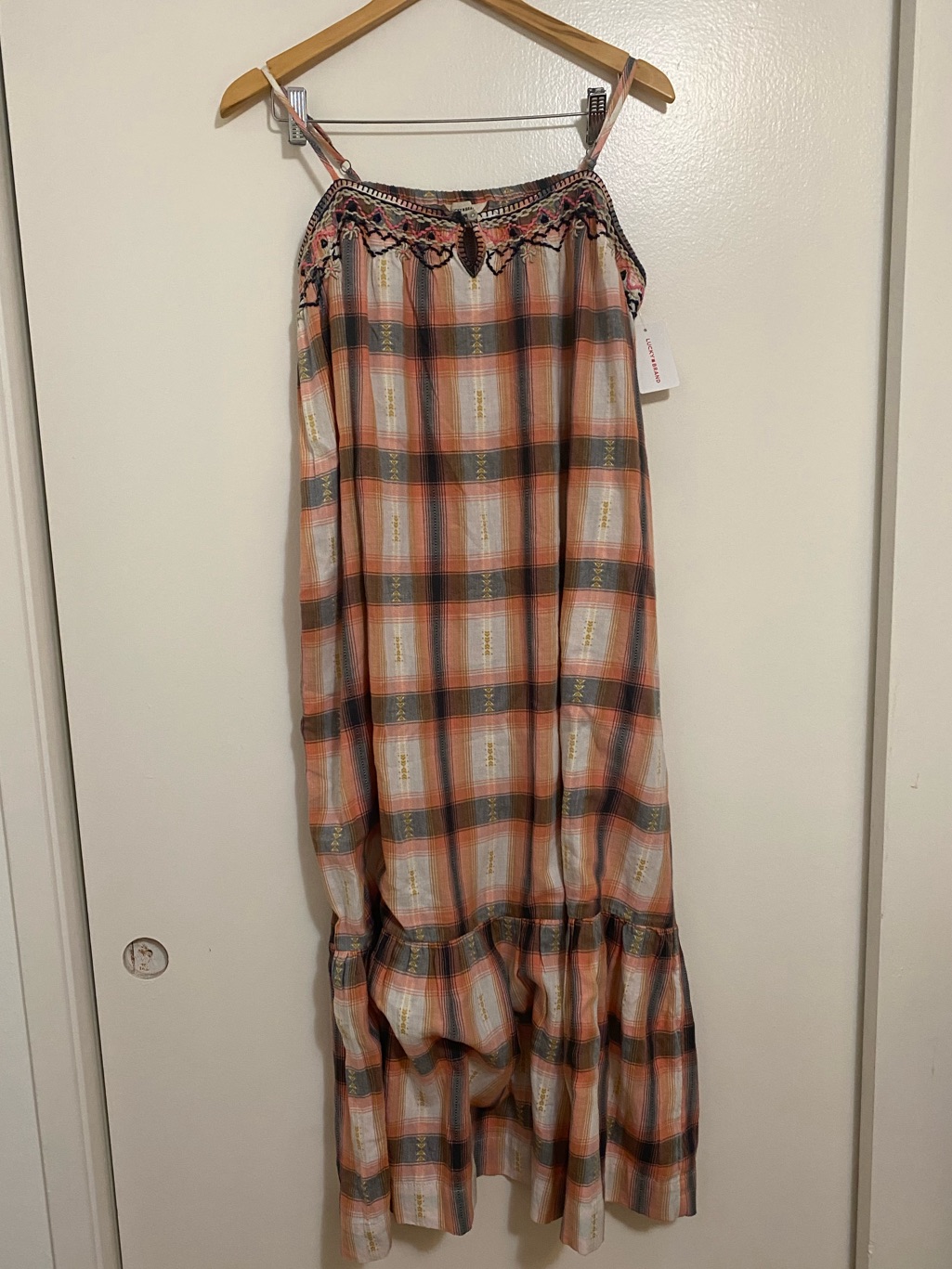 Lucky Brand Embroidered Peach, Black & Cream Plaid Maxi Dress 100% Cotton